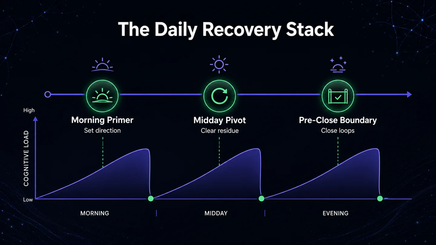Tijdlijn van de dagelijkse herstel-stack met Ochtend-Primer, Middag-Pivot en Pre-Close Grens als herstelmomenten.
